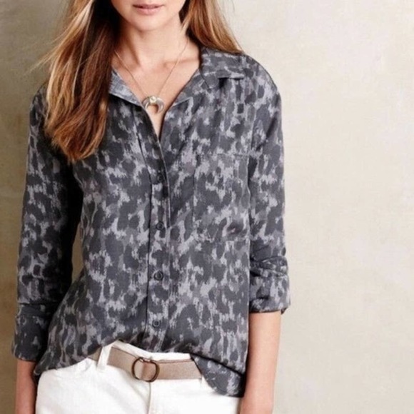 Anthropologie Cloth & Stone Sz L Animal Print Button Front Ecovero Blouse Gray - Picture 1 of 8